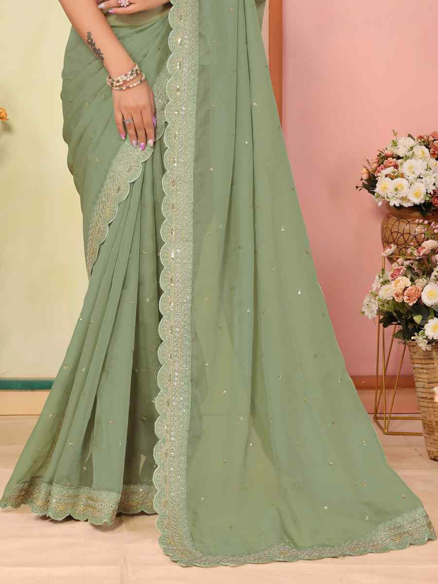 Pista Organza Embroidery Traditional Festival Reception Festival Wedding Fancy Heavy Border Saree