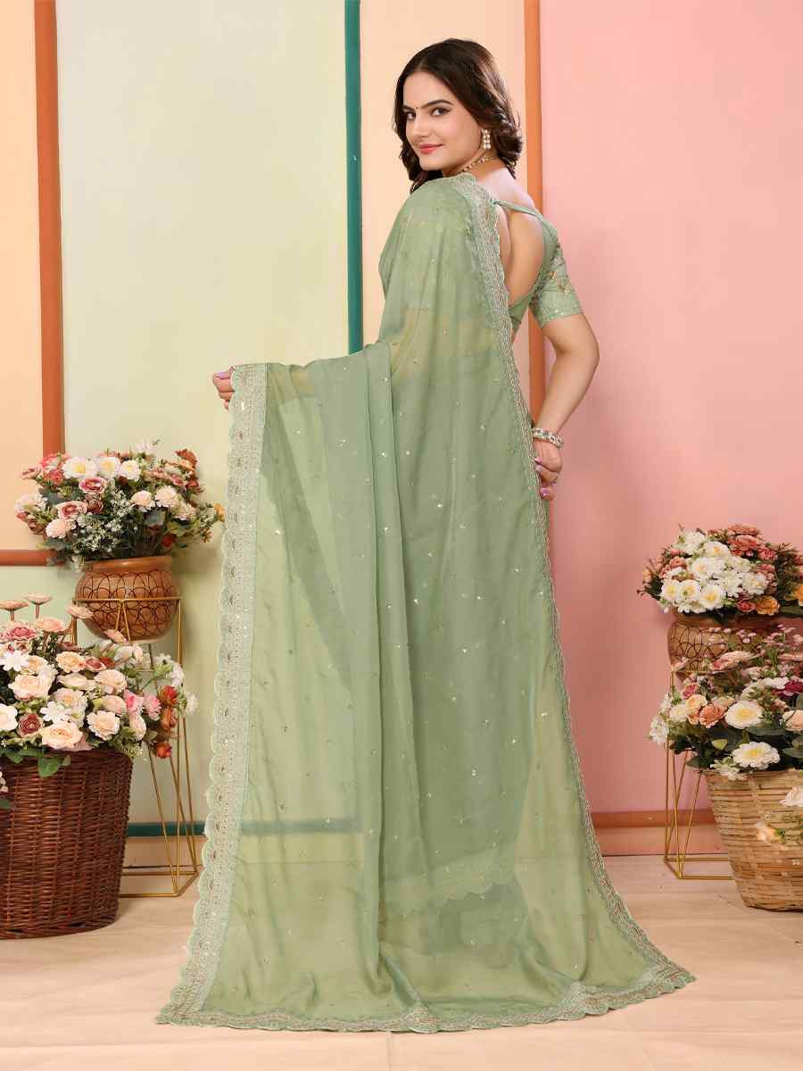 Pista Organza Embroidery Traditional Festival Reception Festival Wedding Fancy Heavy Border Saree