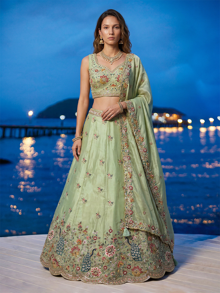 Pista Organza Embroidery Wedding Reception Party Festival Heavy Border Lehenga Choli