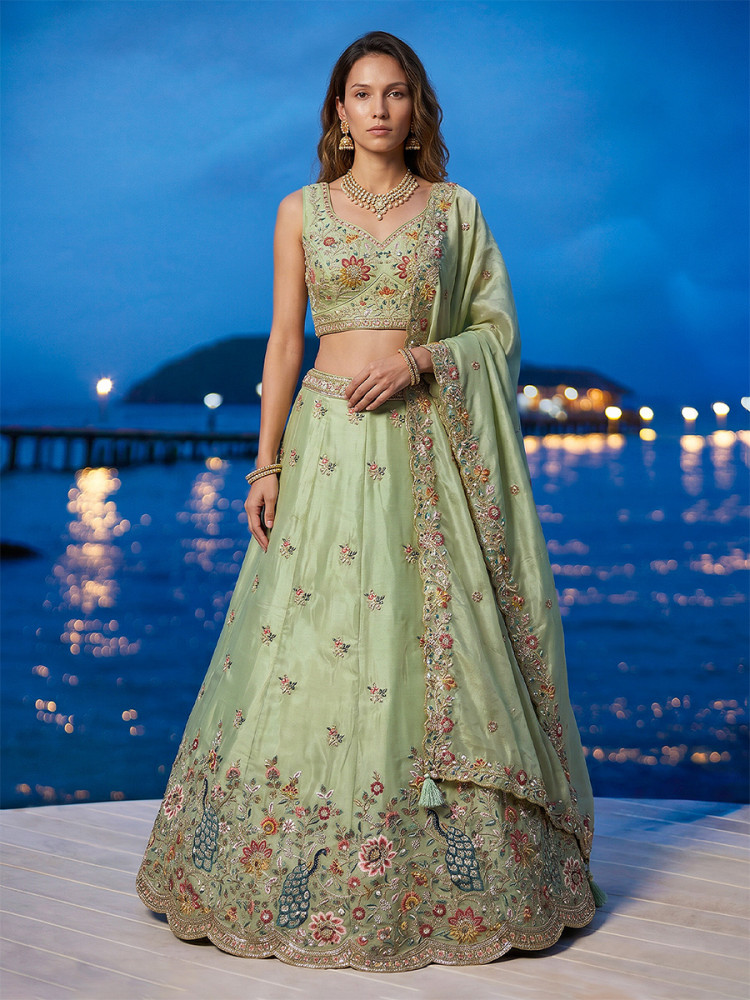 Image of Pista Organza Embroidery Wedding Reception Party Festival Heavy Border Lehenga Choli