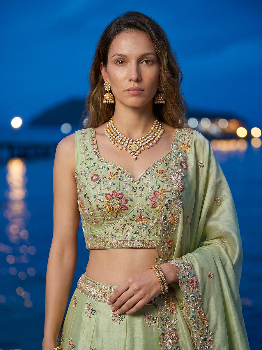 Pista Organza Embroidery Wedding Reception Party Festival Heavy Border Lehenga Choli