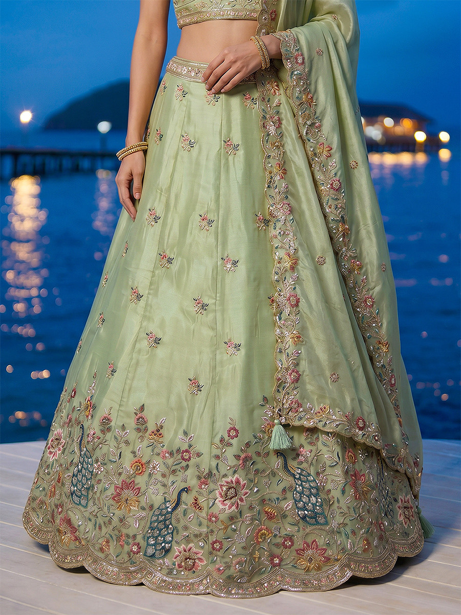 Pista Organza Embroidery Wedding Reception Party Festival Heavy Border Lehenga Choli