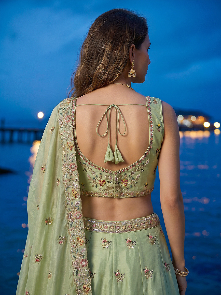 Pista Organza Embroidery Wedding Reception Party Festival Heavy Border Lehenga Choli