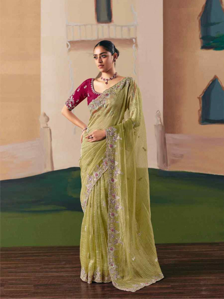 Image of Pista Organza Embroidery Zari Bridal Reception Festival Wedding Fancy Heavy Border Saree