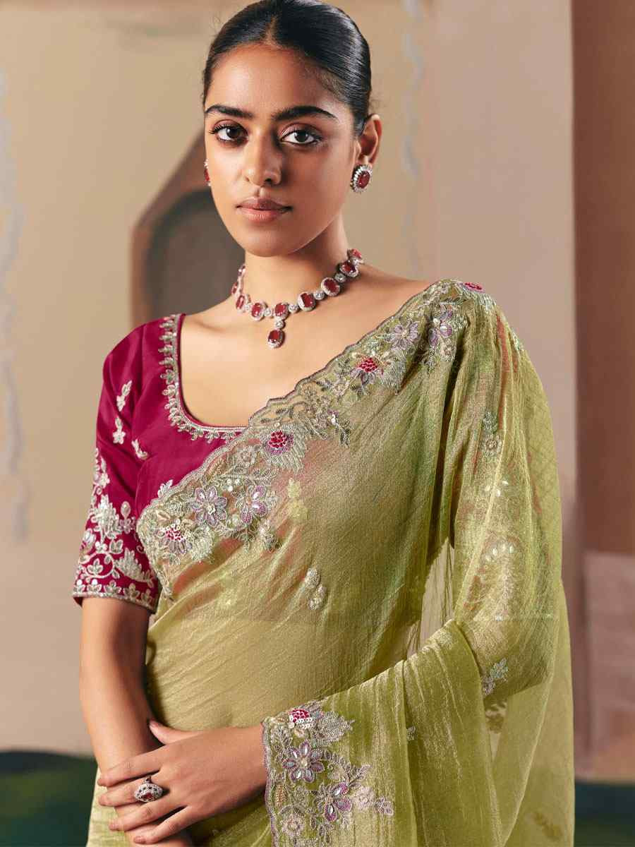 Pista Organza Embroidery Zari Bridal Reception Festival Wedding Fancy Heavy Border Saree