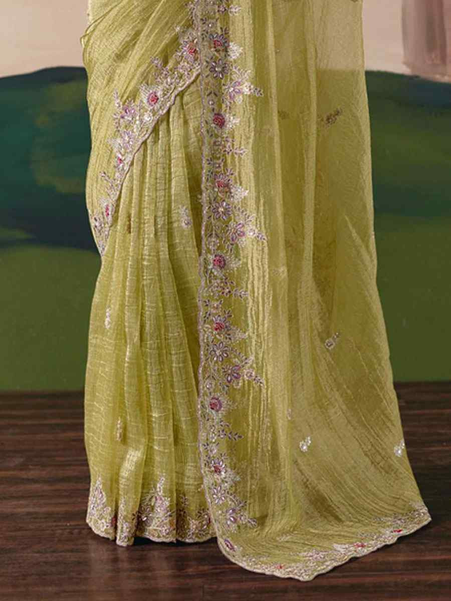 Pista Organza Embroidery Zari Bridal Reception Festival Wedding Fancy Heavy Border Saree