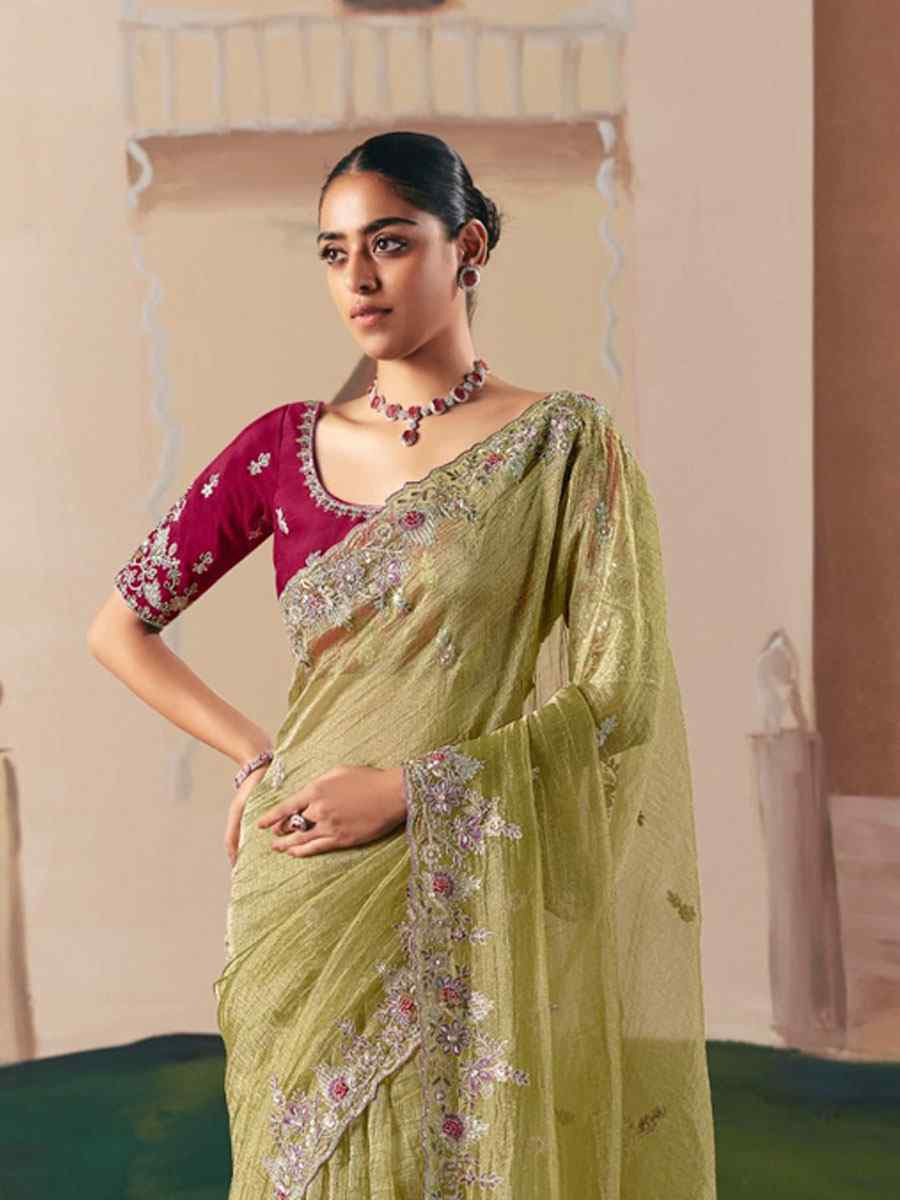 Pista Organza Embroidery Zari Bridal Reception Festival Wedding Fancy Heavy Border Saree