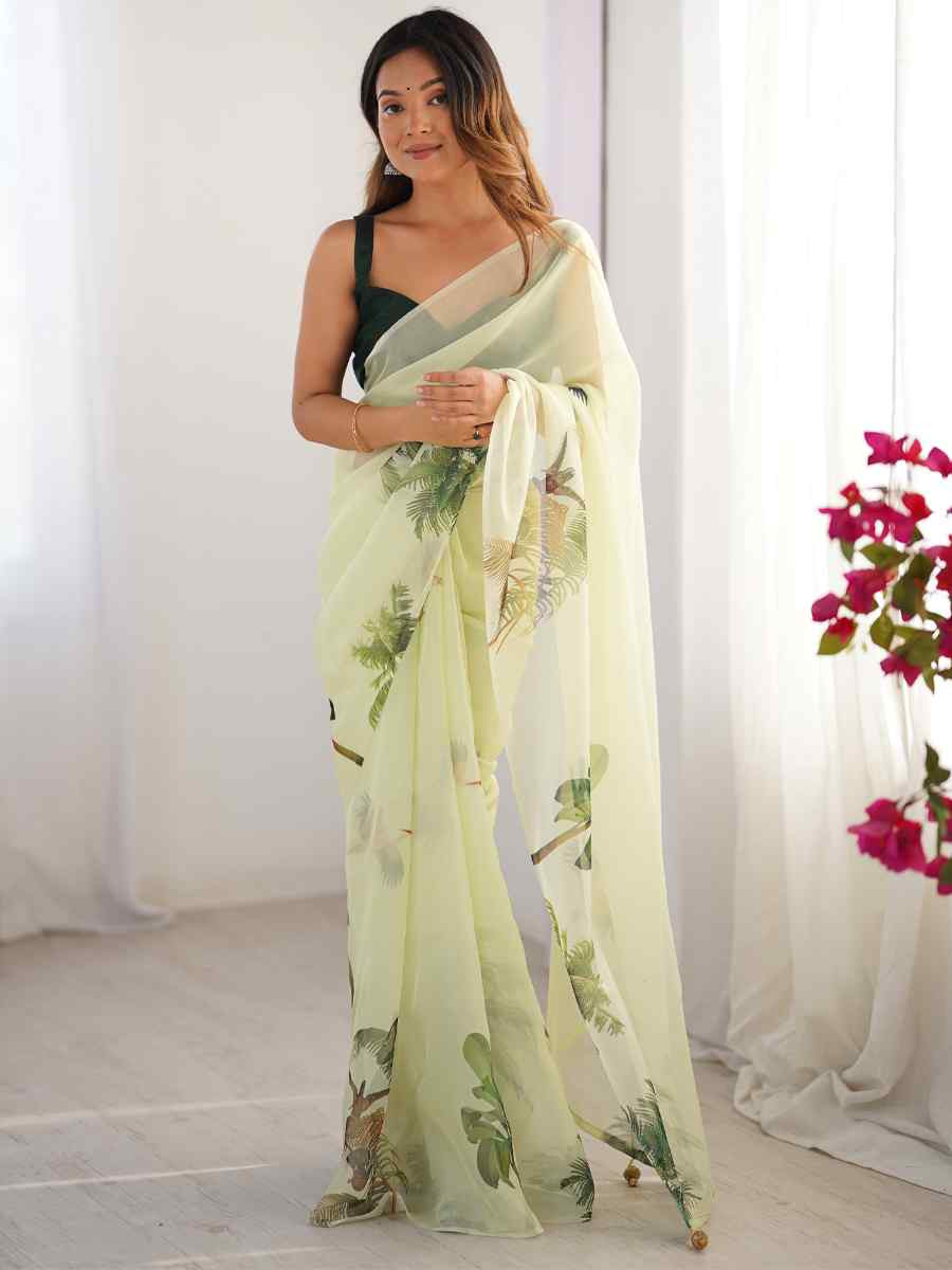 Pista Organza Printed Festival Wedding Fancy Heavy Border Saree
