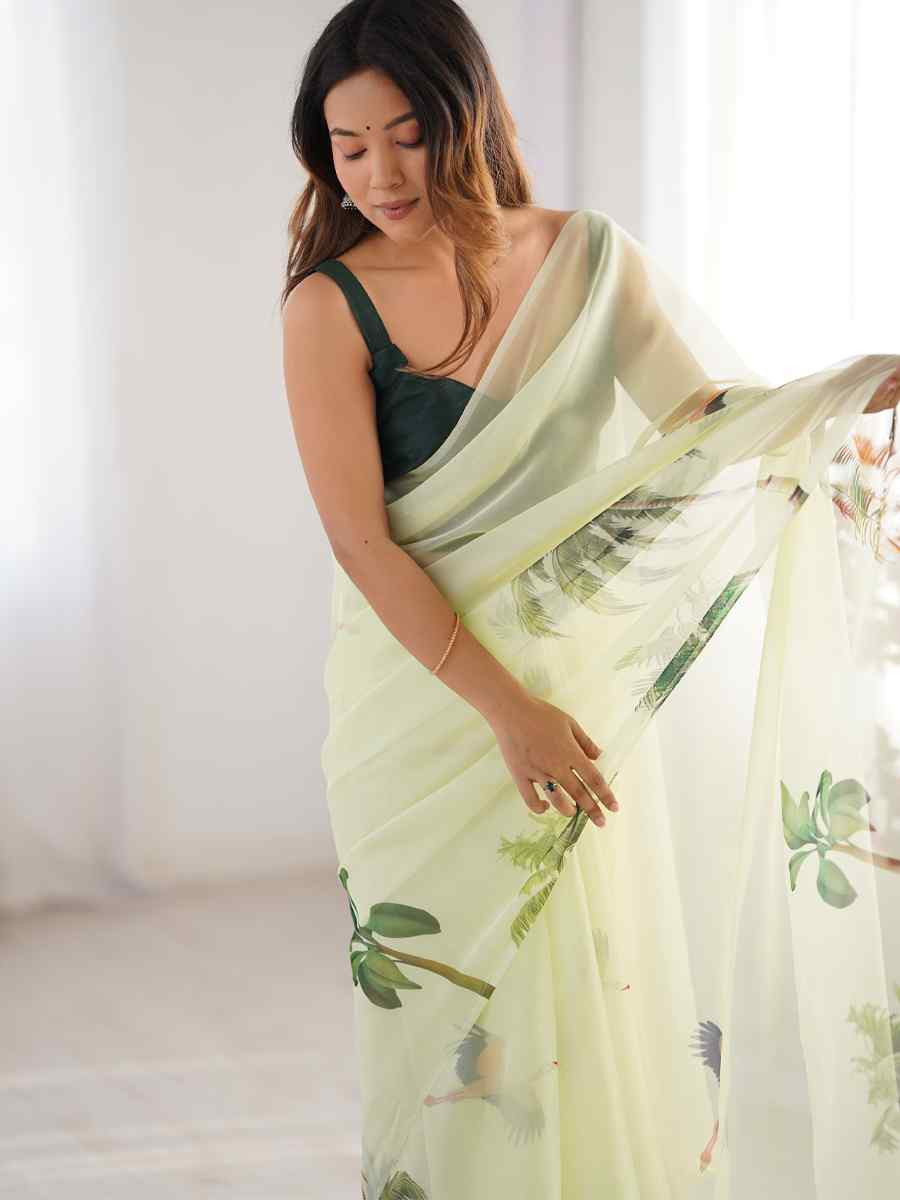Pista Organza Printed Festival Wedding Fancy Heavy Border Saree