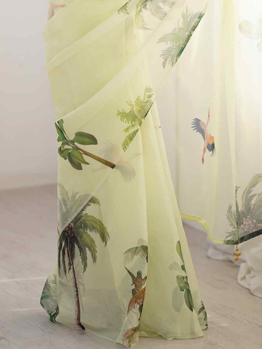 Pista Organza Printed Festival Wedding Fancy Heavy Border Saree