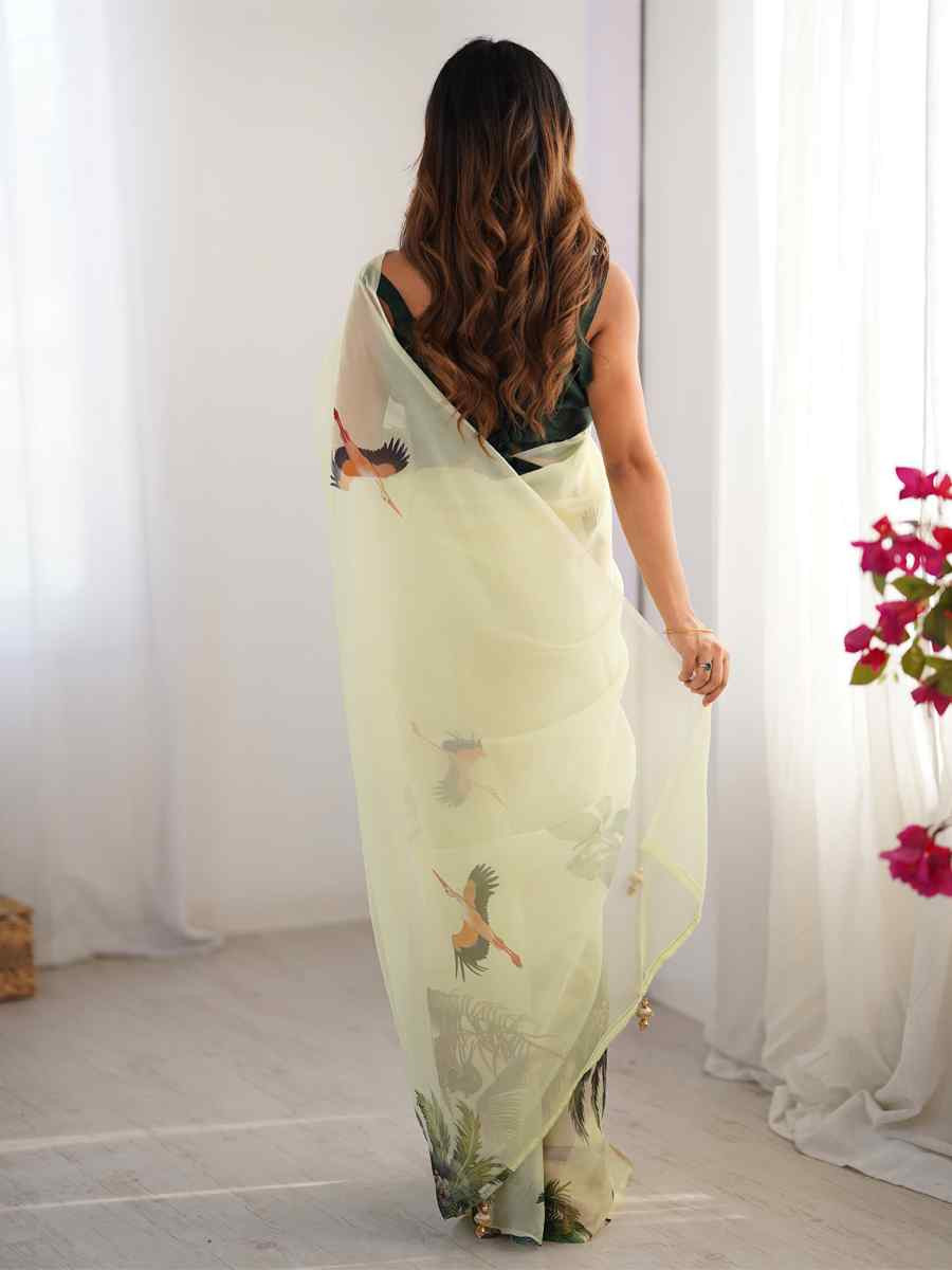 Pista Organza Printed Festival Wedding Fancy Heavy Border Saree