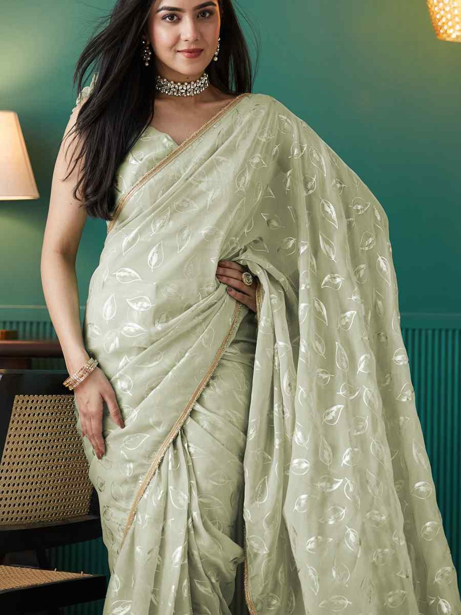 Pista Organza Printed Party Reception Festival Wedding Fancy Classic Style Sarees