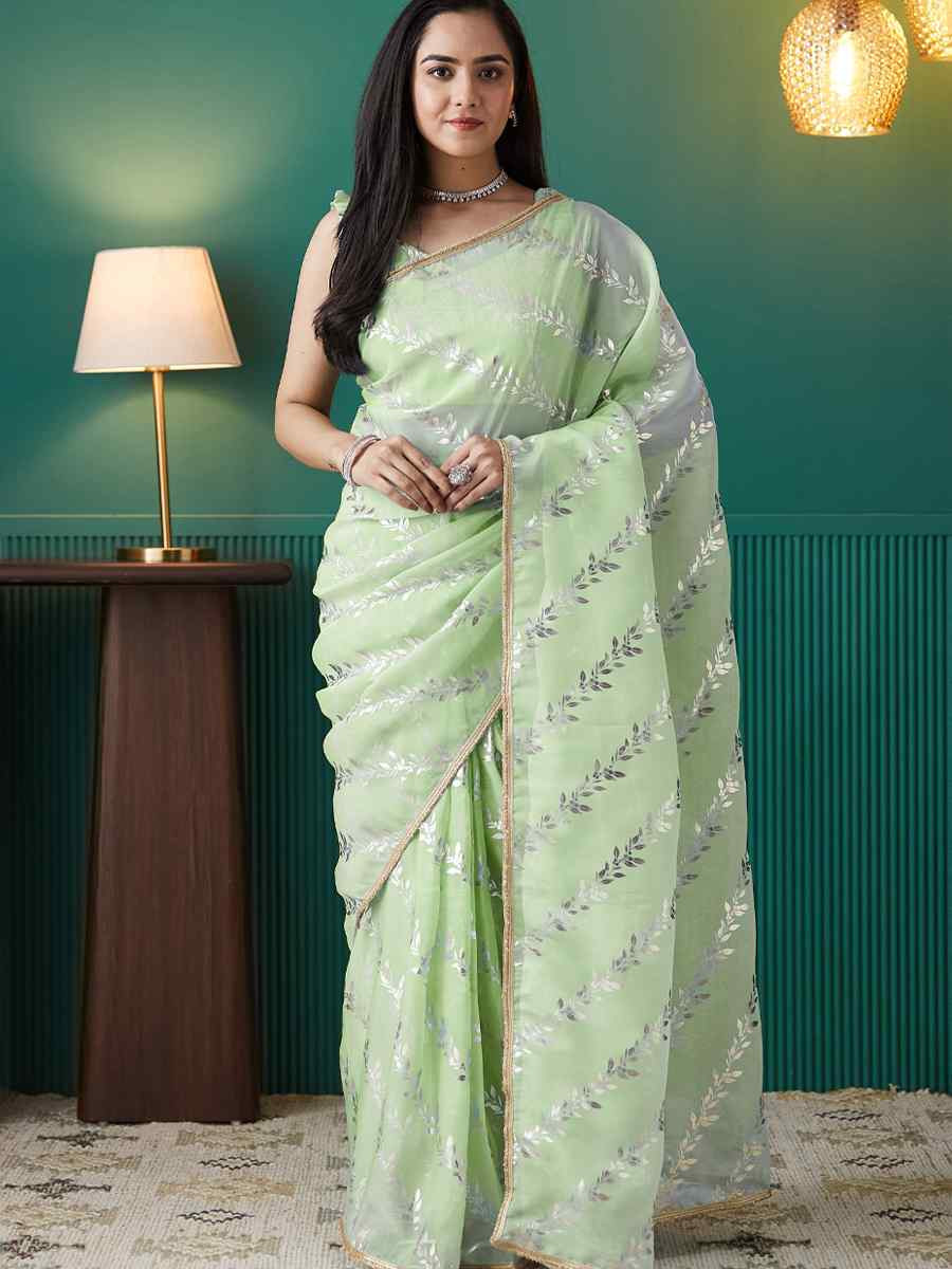 Pista Organza Printed Party Reception Festival Wedding Fancy Classic Style Sarees