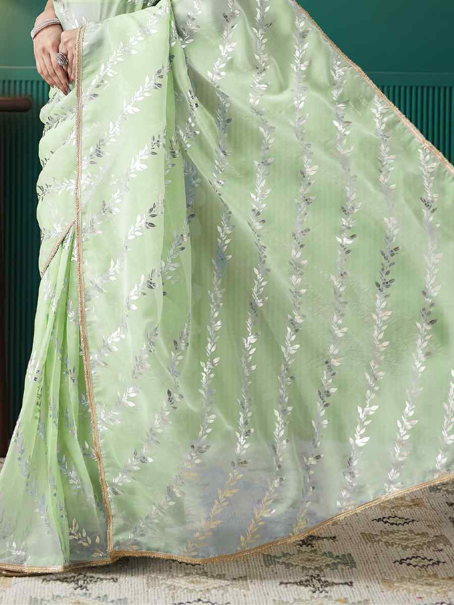 Pista Organza Printed Party Reception Festival Wedding Fancy Classic Style Sarees