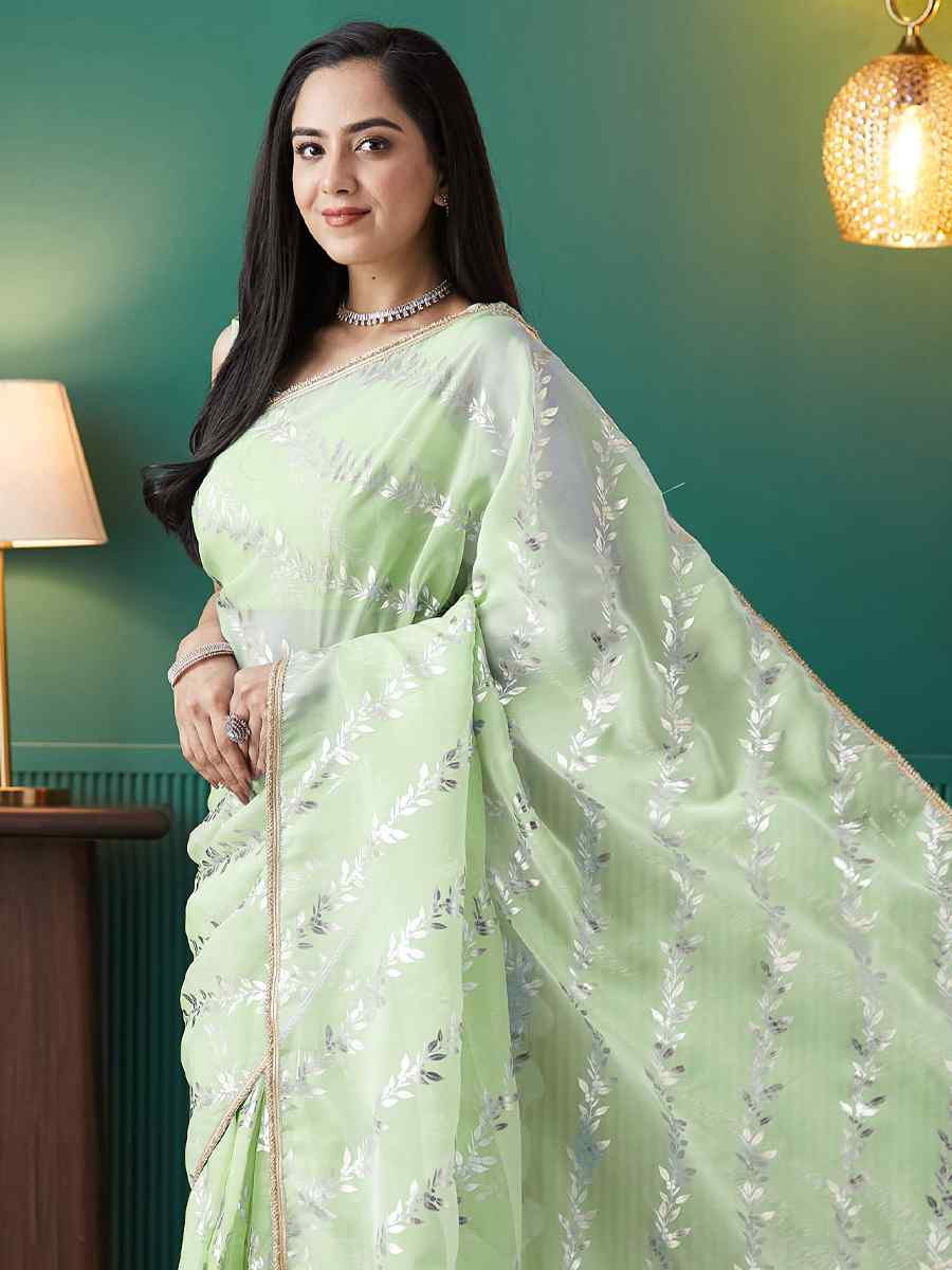 Pista Organza Printed Party Reception Festival Wedding Fancy Classic Style Sarees