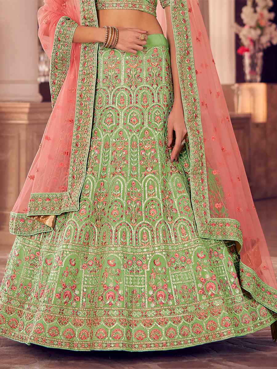 Pista Organza Zari Bridal Reception Heavy Border Lehenga Choli