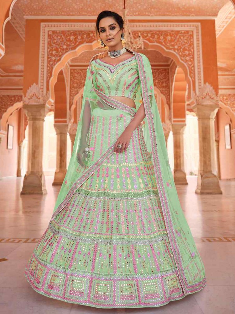 Pista Organza Zari Bridal Reception Heavy Border Lehenga Choli