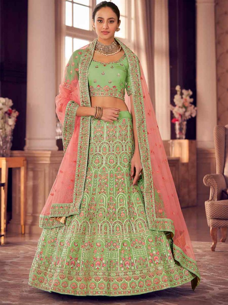 Pista Organza Zari Bridal Reception Heavy Border Lehenga Choli