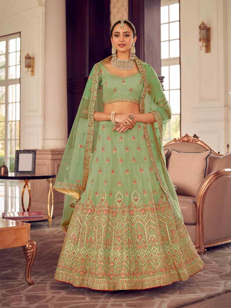 Pista Organza Zari Bridal Reception Heavy Border Lehenga Choli