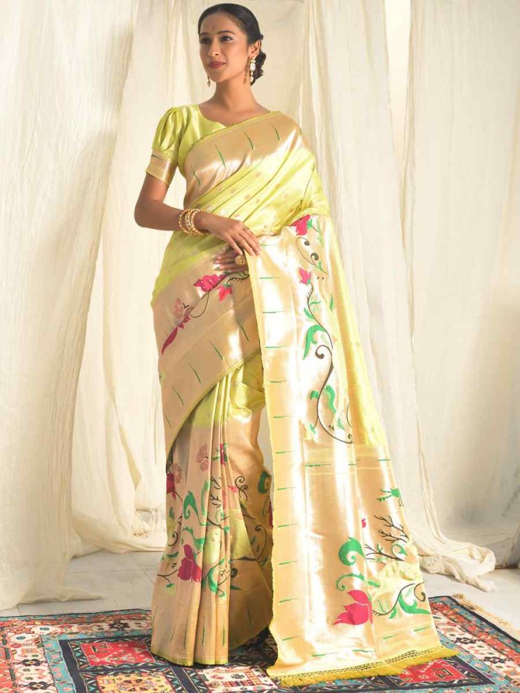 Pista Paithani Silk Handwoven Wedding Festival Heavy Border Saree