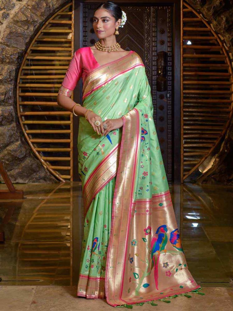 Pista Paithani Silk Handwoven Wedding Festival Heavy Border Saree