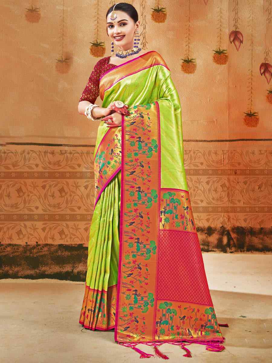 Pista Paithani Silk Handwoven Wedding Festival Heavy Border Saree