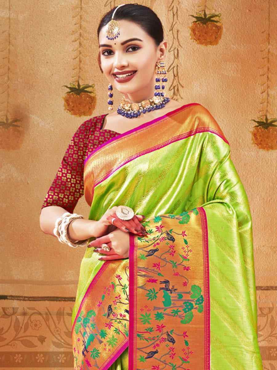 Pista Paithani Silk Handwoven Wedding Festival Heavy Border Saree