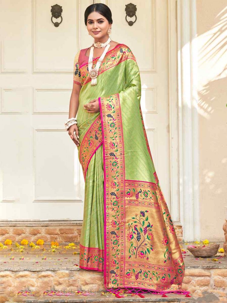 Pista Paithani Silk Handwoven Wedding Festival Heavy Border Saree