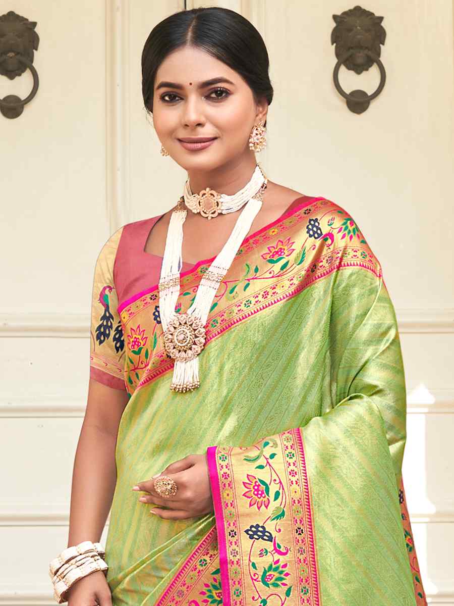 Pista Paithani Silk Handwoven Wedding Festival Heavy Border Saree