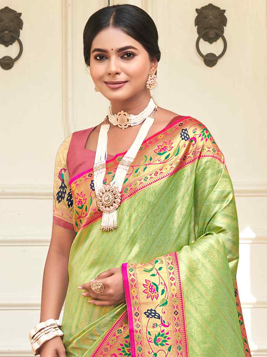 Pista Paithani Silk Handwoven Wedding Festival Heavy Border Saree