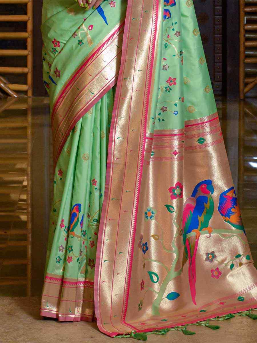 Pista Paithani Silk Handwoven Wedding Festival Heavy Border Saree