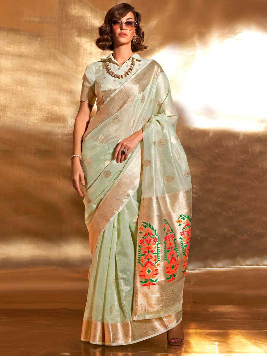 Pista Paithani Tissue Handwoven Party Festival Heavy Border Saree