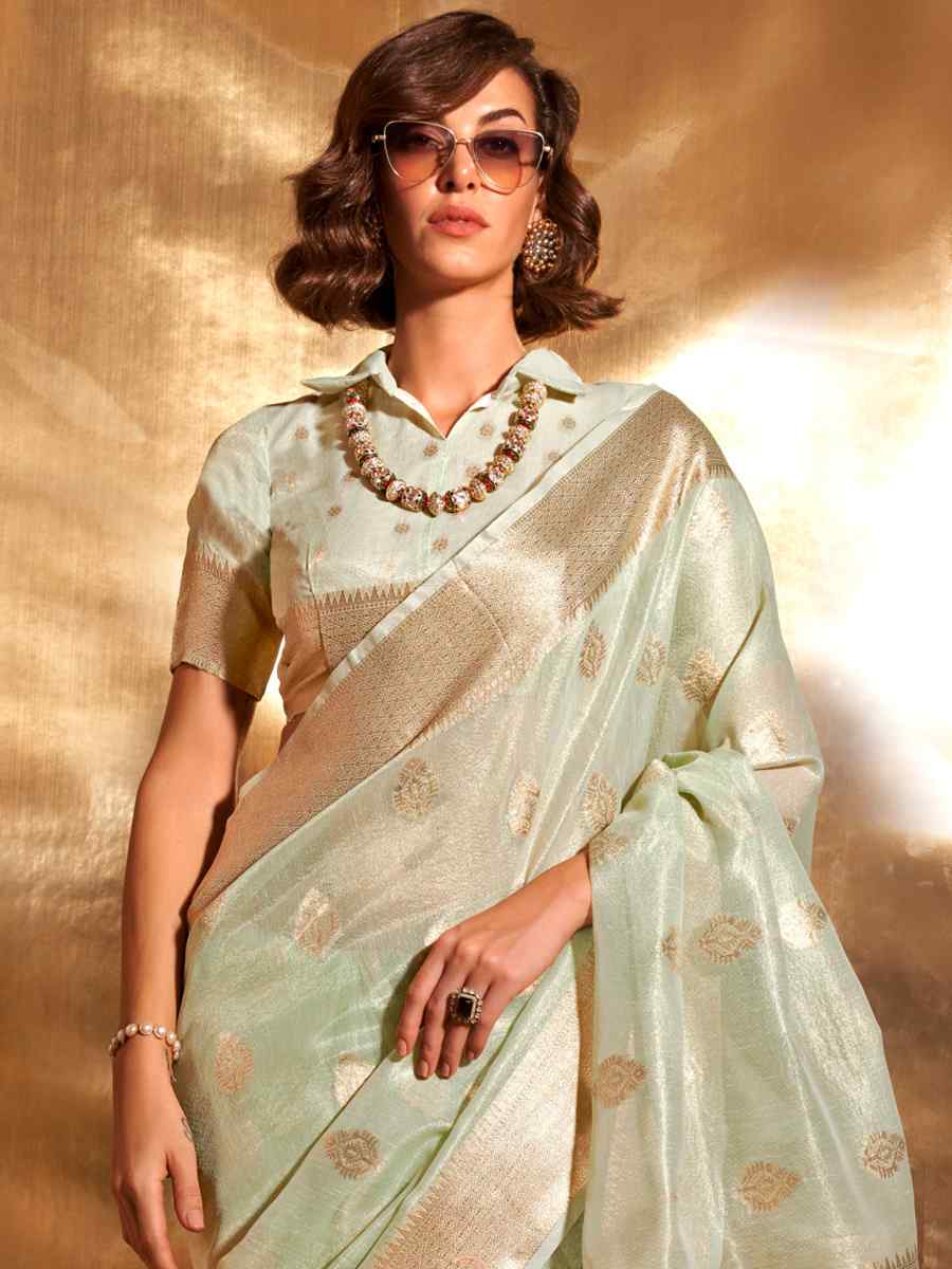 Pista Paithani Tissue Handwoven Party Festival Heavy Border Saree