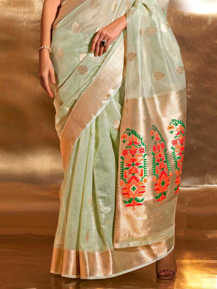 Pista Paithani Tissue Handwoven Party Festival Heavy Border Saree