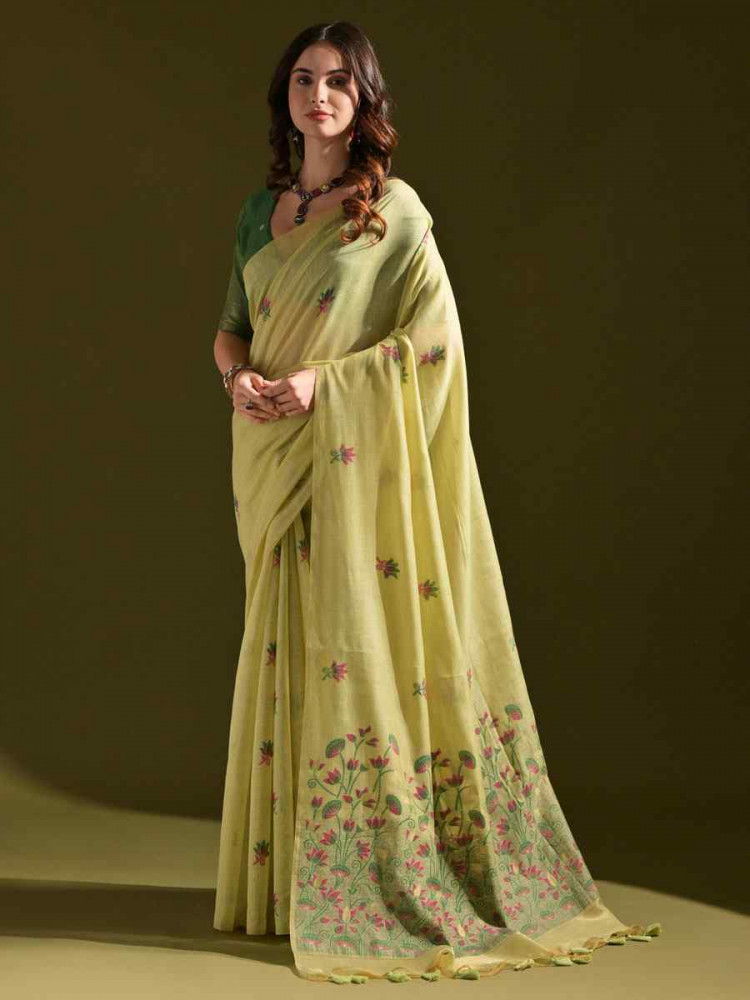 Image of Pista Premium Soft Muga Cotton Handwoven Casual Reception Festival Wedding Fancy Classic Style Sarees