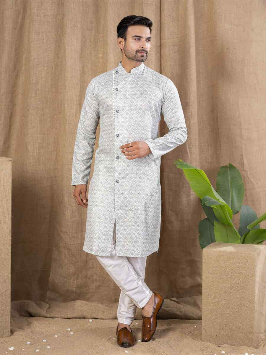 Pista Printed Cotton Silk Embroidery Festival Wedding Party Mens Kurta