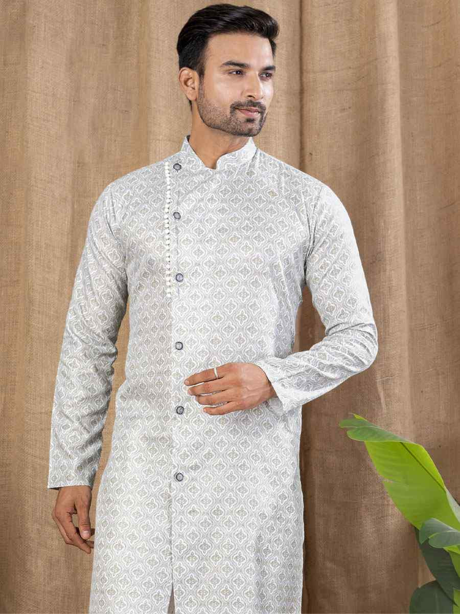 Pista Printed Cotton Silk Embroidery Festival Wedding Party Mens Kurta