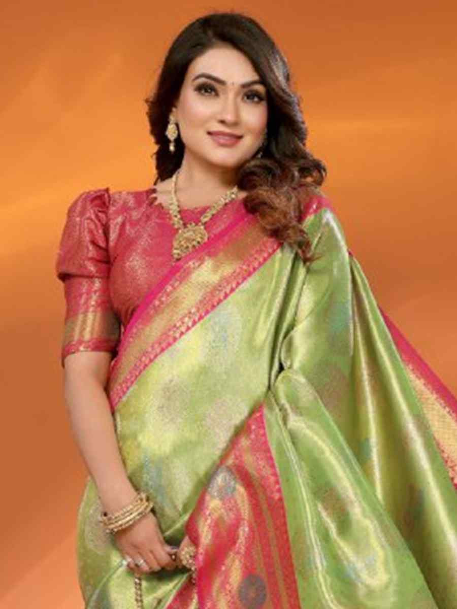 Pista Pure Banarasi Tissue Silk Handwoven Festival Wedding Fancy Heavy Border Saree