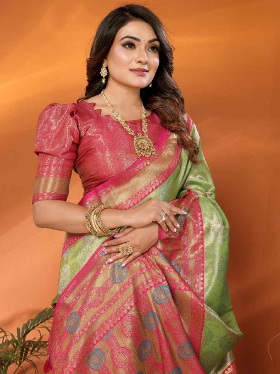 Pista Pure Banarasi Tissue Silk Handwoven Festival Wedding Fancy Heavy Border Saree