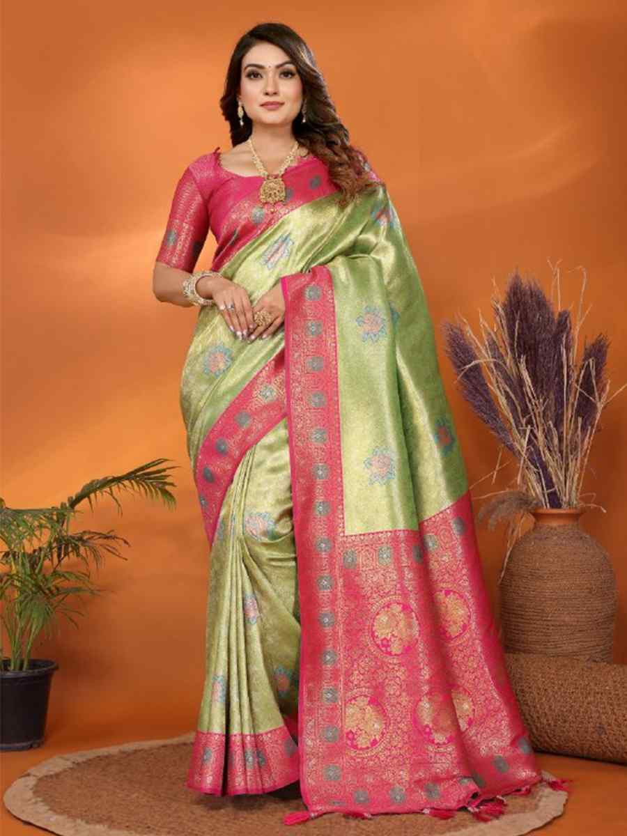 Pista Pure Banarasi Tissue Silk Handwoven Festival Wedding Fancy Heavy Border Saree