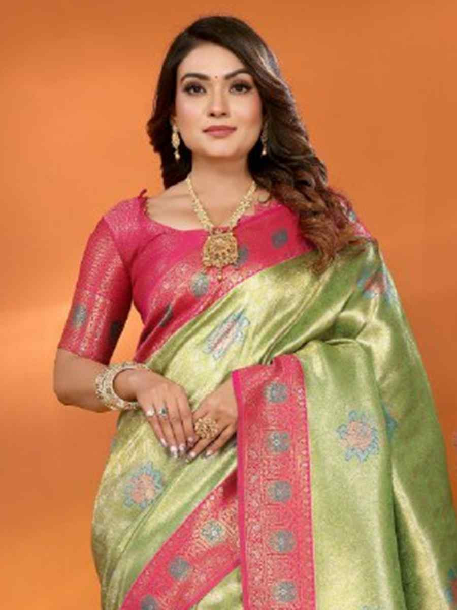 Pista Pure Banarasi Tissue Silk Handwoven Festival Wedding Fancy Heavy Border Saree
