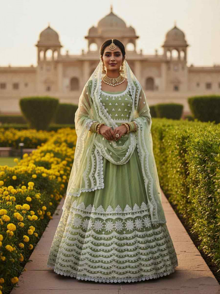 Image of Pista Pure Butterfly Net Embroidery Wedding Reception Festival Heavy Border Lehenga Choli