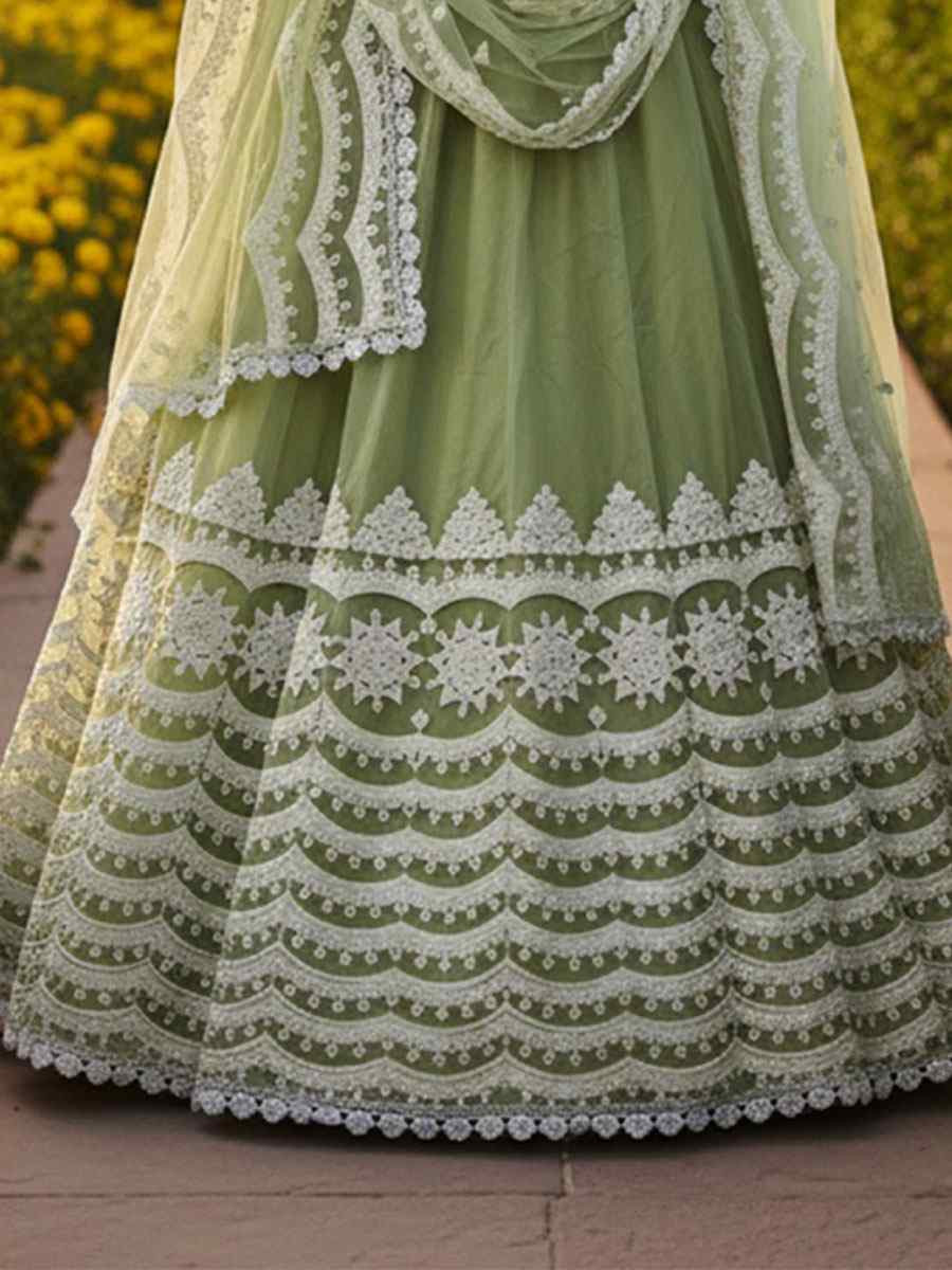 Pista Pure Butterfly Net Embroidery Wedding Reception Festival Heavy Border Lehenga Choli