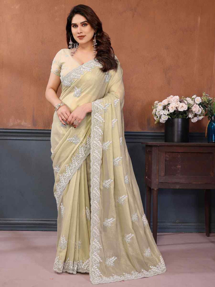 Image of Pista Pure Georgette Embroidery Festival Wedding Fancy Heavy Border Saree