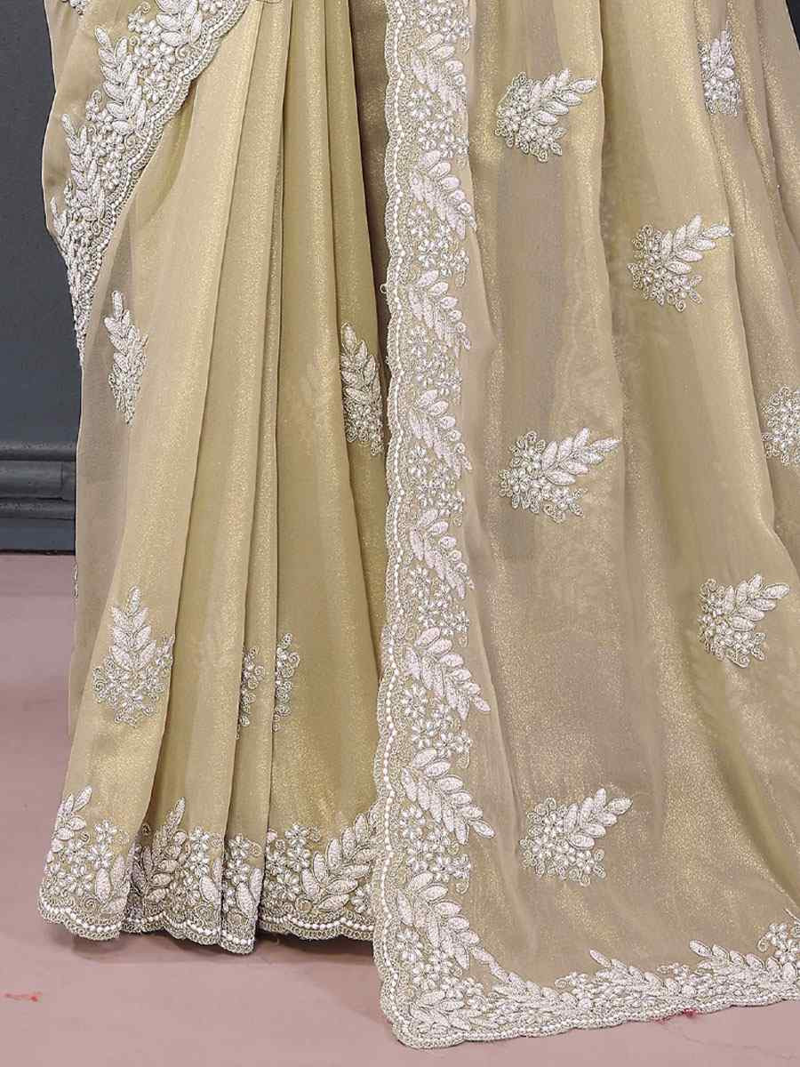 Pista Pure Georgette Embroidery Festival Wedding Fancy Heavy Border Saree