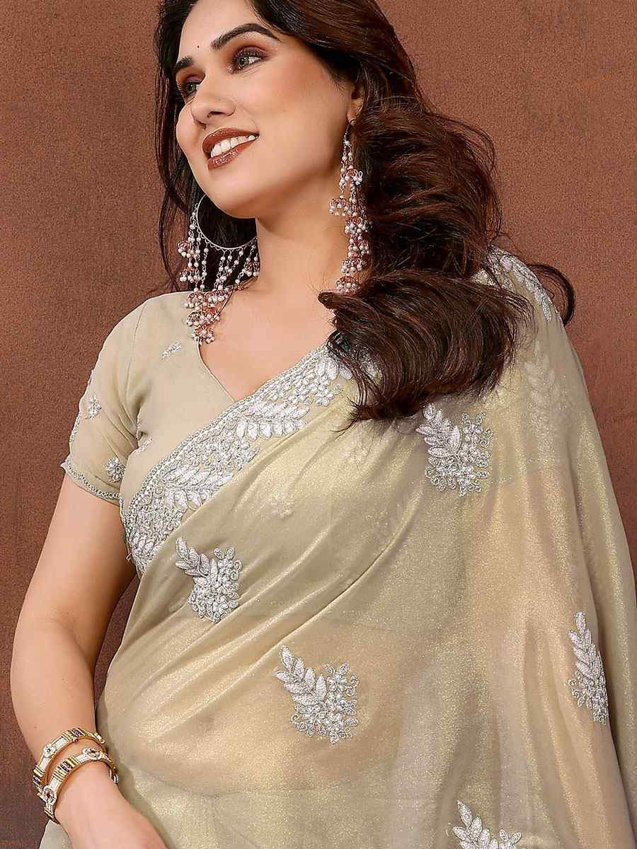 Pista Pure Georgette Embroidery Festival Wedding Fancy Heavy Border Saree