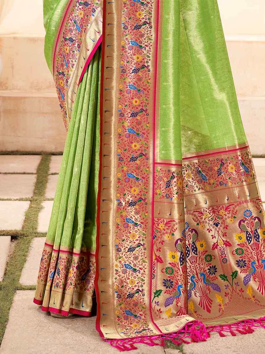 Pista Pure Handloom Silk Handwoven Wedding Festival Heavy Border Saree