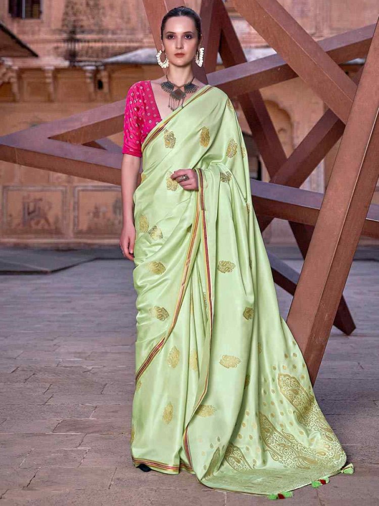 Pista Pure Satin Handwoven Wedding Festival Heavy Border Saree