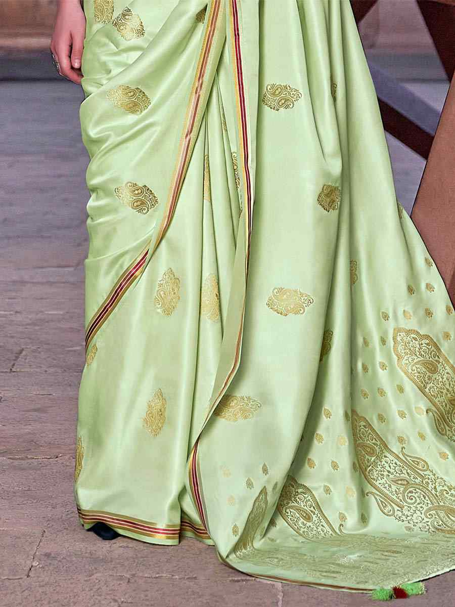 Pista Pure Satin Handwoven Wedding Festival Heavy Border Saree