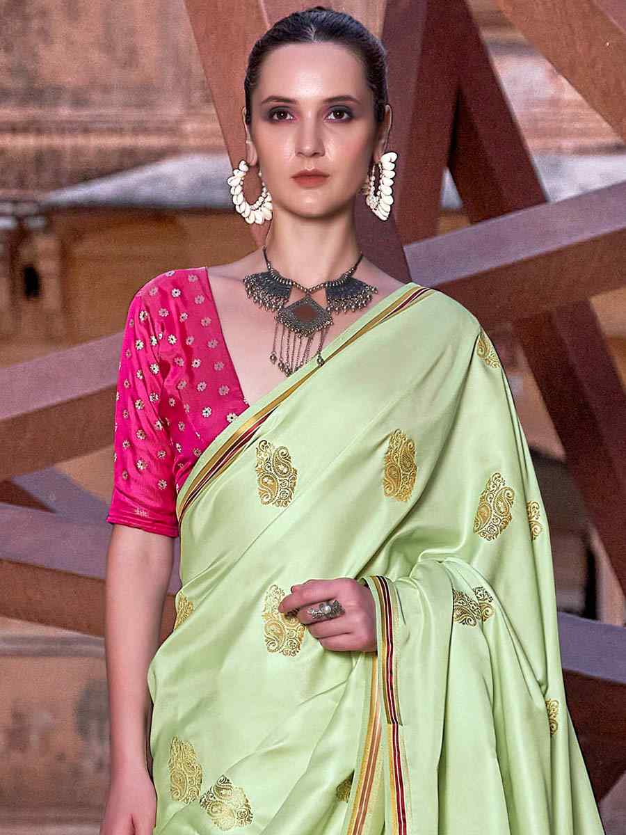 Pista Pure Satin Handwoven Wedding Festival Heavy Border Saree